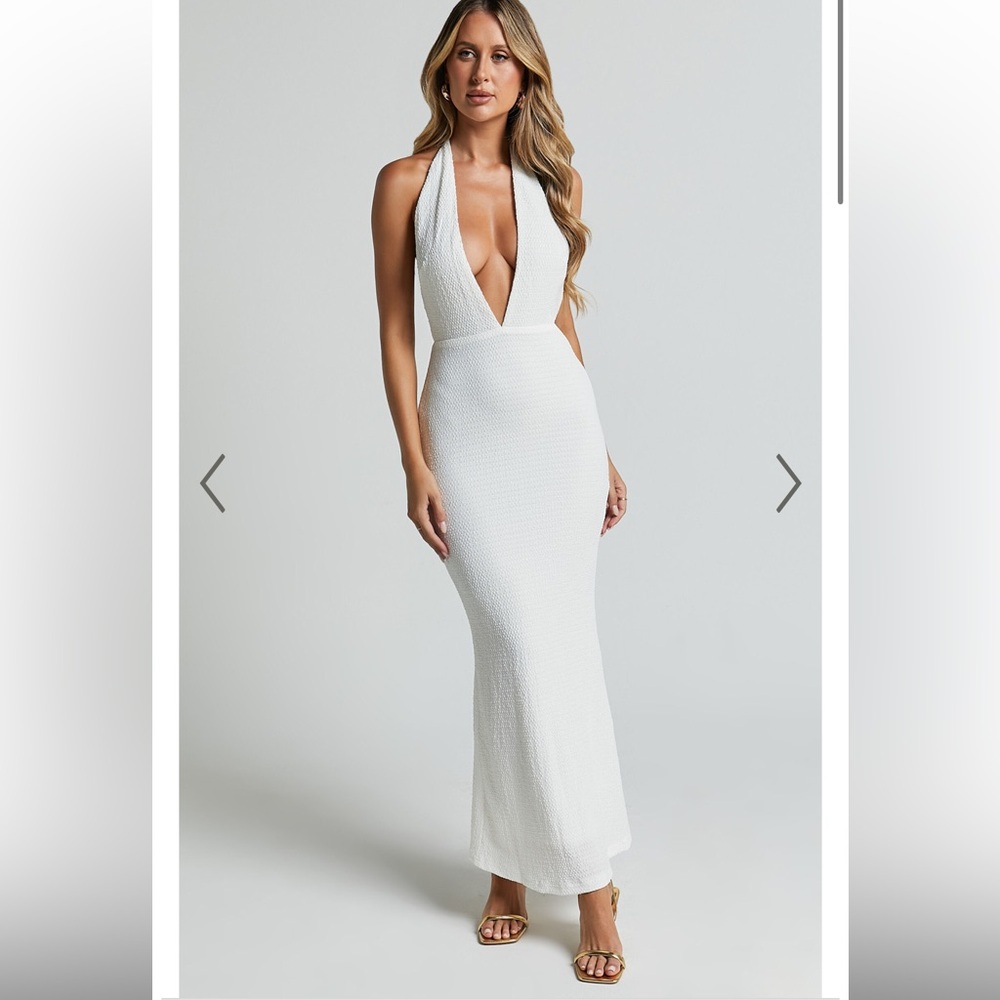 NWT SHOWPO ADA MAXI DRESS - HALTER PLUNGE OPEN BACK DRESS IN WHITE